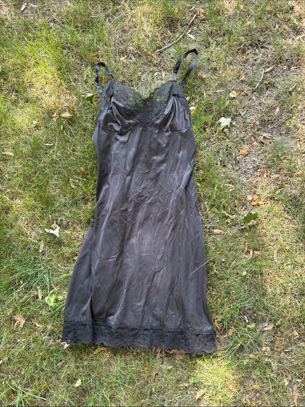 Black Lace-Trim Slip Chemise - Classic Silky Nightwear